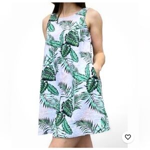 C&C California 100% LINEN Crew Nk Sleeveless Palm Leaves Mini Dress Pocket Med